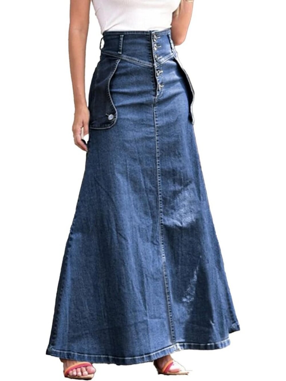 High Waist Retro Denim Maxi Skirt | Bodycon A-Line Flare & Ruffle Design